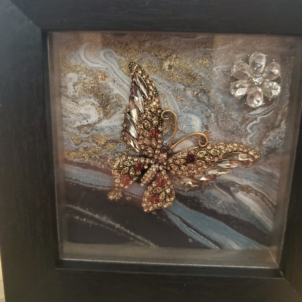 Jeweled Amber Color Butterfly in Shadow Box